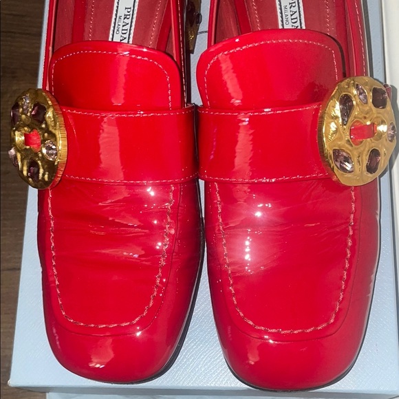 Prada Women's Red Patent Leather Loafers with Gold Accents - Picture 7 of 16